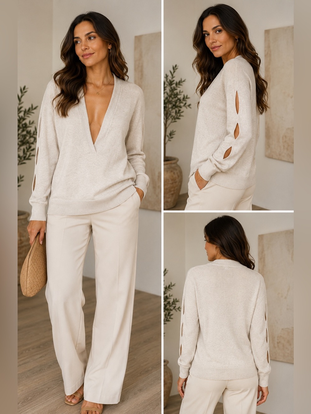 Audrey Talbott XL Cotton Silk Cashmere Sweater Cutout Sleeve Oatmeal V Neck